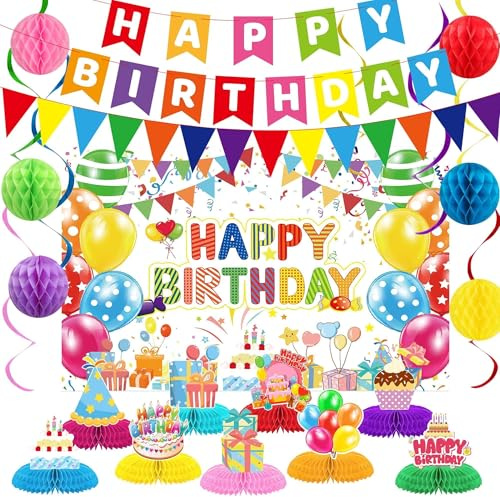 Birthday Decorations Kit, Rainbow Party Banner, Happy Birthday Backdrop,Colorful Themed Honeycomb Centerpiece Table Decorations for Birthday Party Supplies(Colorful Birthday)