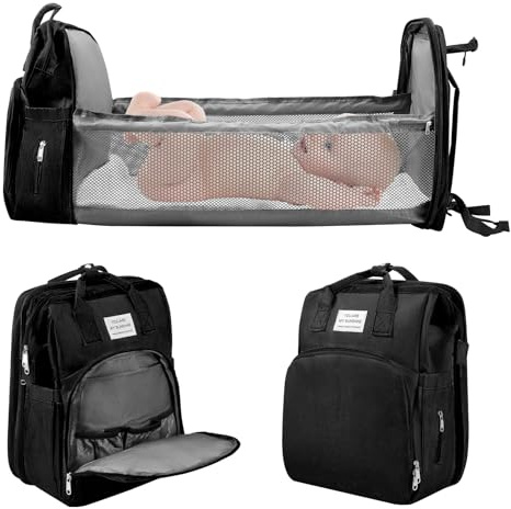 Baby Changing Bag Backpack, Portable Nappy Changing Backpack with Foldable Cot Bed, Large Capacity Baby Diaper Bag with Changing Mat,Waterproof Mummy Shoulder Bag for Travel with Stroller Straps,Black