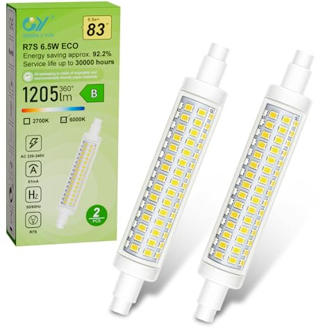 GY R7S Led 118mm, 6,5 W, Lineal R7S 118 mm, 220-240V, 1205 Lúmenes, Luz Blanca Fría de 6000 K, Equivalente a 83W Bombilla Tradicional, Bombilla LED Tubular de Bajo Consumo, No Regulable, 2 unidades.