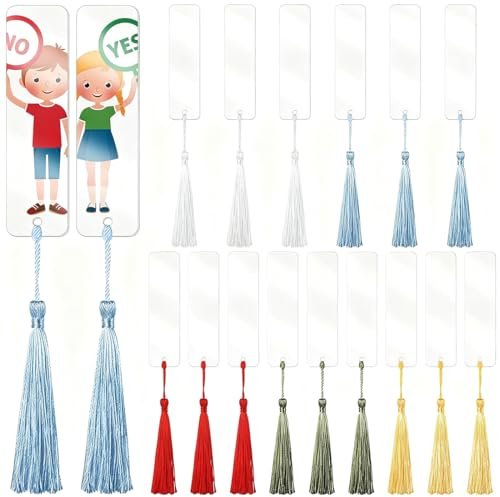 WUSJCOF 15 Set Acryl Lesezeichen Rohlinge, Blanko Bookmark, Lesezeichen Personalisiert, Transparent Rechteckig Lesezeichen, DIY Geschenkanhänger (15 Bunten Quaste, Fünf Farben)
