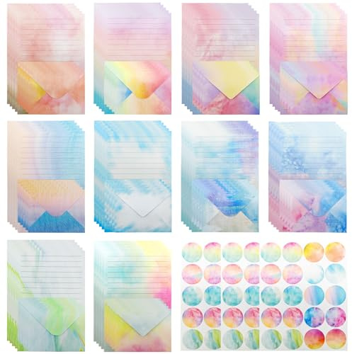 160 pcs Writing Stationery Paper with Envelopes Watercolor Letter Paper for Letters 50 Lined Letter Papers with 50 Envelopes, 10 Patterns Papers for Office Home School