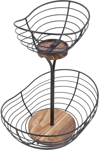 LOLIPPYY Cesto Portafrutta in Filo Metallico Multistrato Base in Legno Sagomata, Fruttiera da Tavolo Salvaspazio per Cucina, Porta Banane Decorativo Resistente e Funzionale