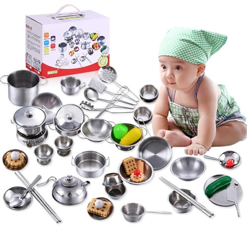 Kids Pots and Pans Playset, 25PCS Stainless Steel Toddler Kitchen Set, Safe Educational Reusable Kids Kitchen Accessories for Holiday, Birthday Gifts Pots and Pans Playset