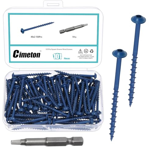 Cimeton 101PCS #8 x 2 Pocket Hole Screws Deck Screws with Square Drive Assortment Kit Exterior Wood Screws Blue Anti-Rust Coated Pocket Hole Screws for Decks Fences and Other Outdoor Use