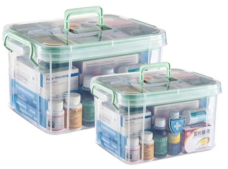 UNITED FLAMES 2-Pack Clear Medicine Storage Box, First Aid Box Empty with Locking Lid & Handle, Medicine Organizer Box with Removable Tray for Home & Pet Care