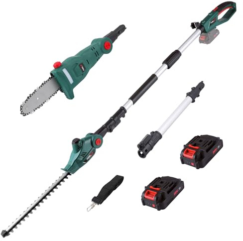 POSENPRO 20V Cordless 2-in-1 Pole Saw and Pole Hedge Trimmer, 2×2.0Ah | Shoulder Strap, Pole Saw 8/20cm Bar, Trimmer 45cm Dual Action Blades, Max 14ft Long Reach for Tree Branch Trimming