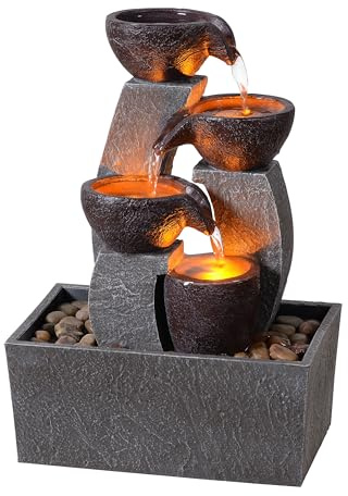 GOSSI Fuente de agua de mesa con luces LED, fuente de cascada interior con cuencos en cascada y guijarros, fuente de escritorio pequeña para decoración del hogar y la oficina