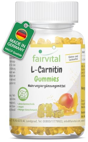fairvital Gommes L-carnitine, 60 pièces, 1000mg par dose journalière, saveur mangue, hautement dosées, 100% végétalien + sans sucre, qualité certifiée et hautement dosées, fabriquées en Allemagne