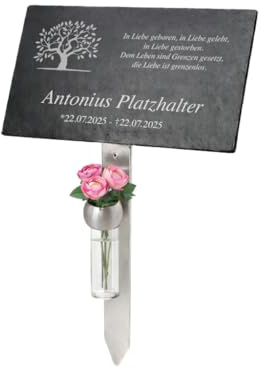 ReGrape Grabstein Urnengrab - Grabplatte aus Premium Schiefer mit witterungsbeständiger Lasergravur | 30x20cm Menschen oder Haustiere | kostenlose Gravur mit exlusiven Edelstahlhalter