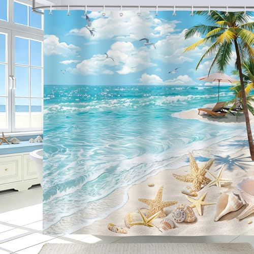 hometrixx Sommer Duschvorhang Strand Muschel Ozean Meer Vogel 180x200 Blau | Wasserdicht Polyester, Maschinenwaschbar, Badevorhänge mit 12 Ringe, Schimmelresistent Badezimmervorhang für Dusche Bad