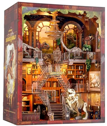 Book Nook Kit – 3D Wooden Puzzle with Interactive LED Lights, DIY Dinosaur Museum Miniature Decor for Adults & Teens, Enchanting Storytelling Bookshelf Insert
