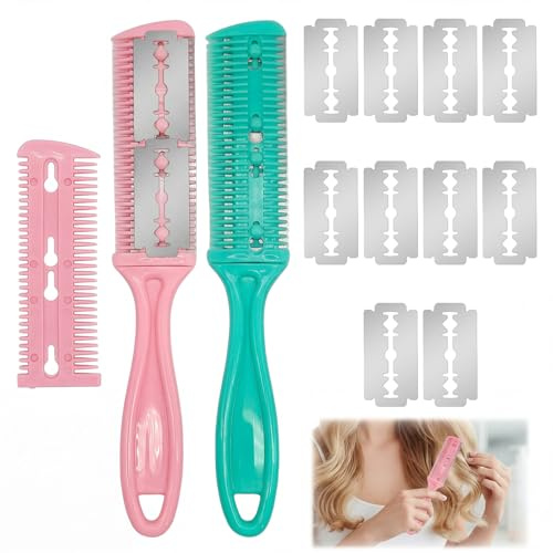 2 stycken hårklippningskam med 10 reservblad, effileringskniv med hög precision, dubbelsidig delad kant hårtrimmer för frisörsalonger privat hushåll lämplig och djurhår (rosa och grön)