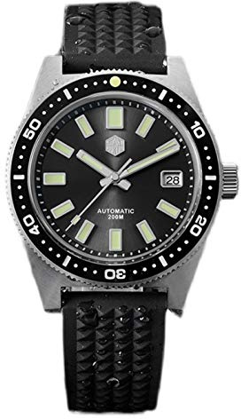 San Martin 62MAS Automatische Taucheruhr für Herren, Saphirglas, 200 m wasserdicht, Edelstahlgehäuse, Silikonarmband, Schwarz, Modern