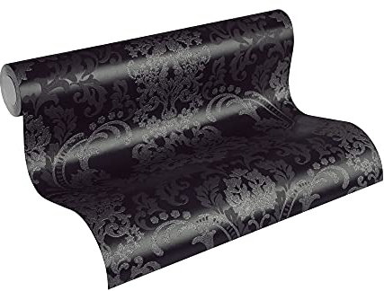 A.S. Création Carta da parati barocca in tessuto non tessuto bianco e nero con glitter, 10,05 m x 0,53 m, nero 361663