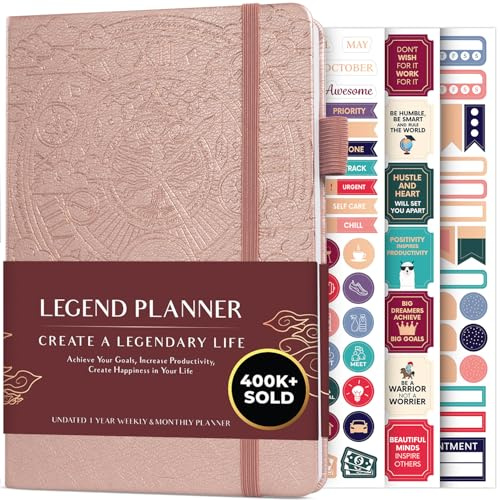 Legend Planner – en veckovis och månatlig livsplanerare för att nå dina mål och leva lyckligare. Anteckningsbok och produktivitetsjournal. A5 (Roséguld)