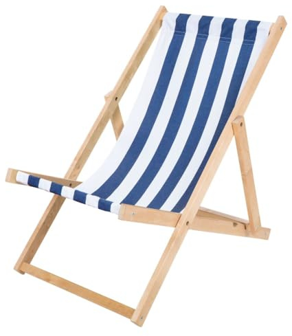 IMPWOOD Liegestuhl klappbar Holz - Sonnenliege aus Buchenholz bis 120 Kg Holzklappstuhl für Balkon, Strand und Terrasse & Camping - Gartenliege Strandliege (Blau-Weiß gestreift)