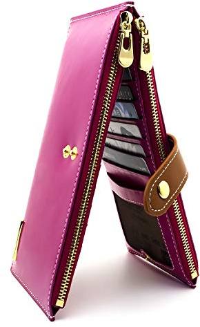 ANDOILT Damen Echt Leder Brieftasche RFID Blockierung Kreditkarte Halter Reißverschluss Geldbörse Handy Handtasche Rosenrot