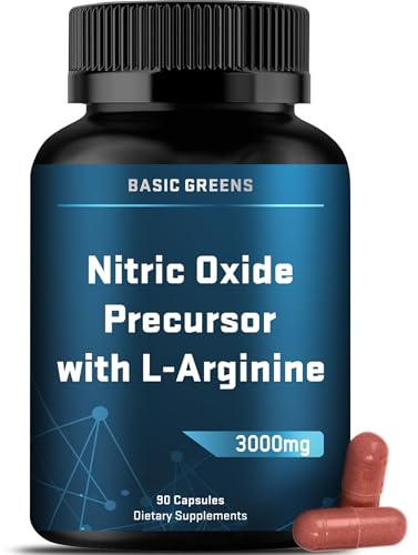 BASIC GREENS L-Arginine 3000mg Nitric Oxide Supplement for Men and Women – Non-GMO Vegan Capsules with Beet Root for Circulation, Endurance, Energy, Stamina, Performance and Workout – 90 Caps