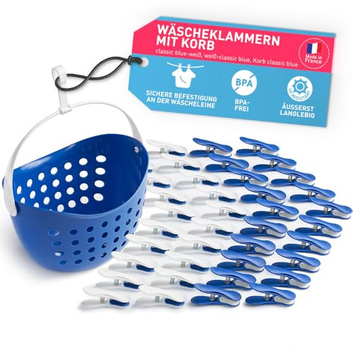 culiclean Pince a Linge avec Panier – Classic Blue-Blanc | Pinces à Linge Soft Clips, Epingle a Linge, 70x15mm, Résistant UV, anti-rouille