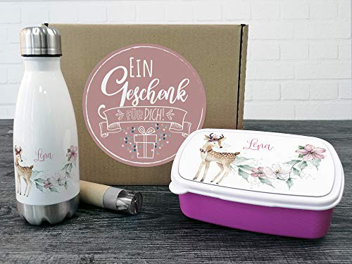 GRAZDesign Brotdose und Trinkflasche Set für Mädchen Rehkitz personalisiert Wasserflasche Edelstahl 350ml | Geschenk zur Einschulung