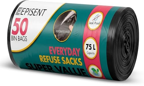 EPISENT 75L Heavy Duty Bin Bags – Extra Strong Trash Bags – Tear-Resistant, Earth-Friendly Bin Liners – Leak-Proof Refuse Sacks for Home, Kitchen, Garden, Office, Commercial & Outdoor Use – Pack of 3
