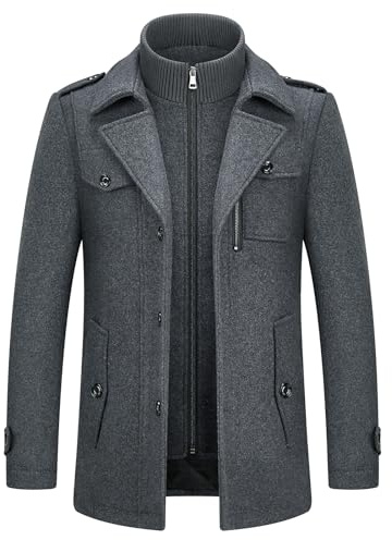 KUDORO Herrullrockar kort vinter vadderad trenchcoat för vardagliga affärer ytterkläder tjock ullblandning peg med avtagbar inre krage, Grått-1, M