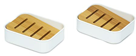 simplywire – 2er-Pack – Seifenschalen aus Kunststoff mit natürlicher, abgeschrägter Bambusablage – Seifenhalter für Badezimmer – Weiß