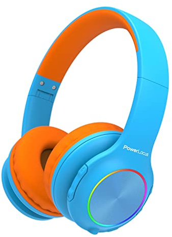 Kinderkopfhörer Bluetooth, PowerLocus Kinder Kopfhörer Kabellos mit LED-Leuchten und 94DB Lautstärkebegrenzung, Faltbare Kopfhörer, HD Stereo, Micro SD,Eingebautes Mikrofon für Schule/Laptop/Handy/TV