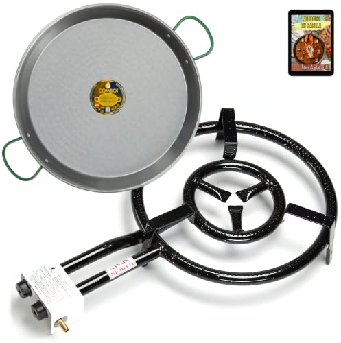 COMBOI Poêle à paella au gaz butane 40 cm, poêle à paella 42 cm et livre de recettes numérique, brûleur à gaz à trois fils.