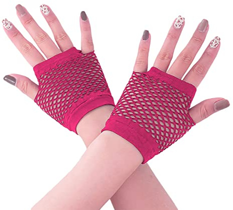 HD Novelty Fingerlose Netzhandschuhe Diva für Damen, schwarz, 80er-Jahre-Retro-Vintage-Nylon, dehnbare Netzhandschuhe für Kinder und Mädchen, Tanzen, Disco, Kostümpartys, Zubehör, Neonpink