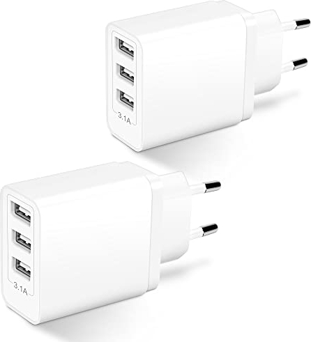 Prise USB Multiple Chargeur, 3-Port 15W USB-A Secteur Adaptateur 5V 3.1A/2A/1A Universel Embout Mural Double Bloc Chargeur Compatible avec iPhone, iWatch, Samsung, Xiaomi, Telephone Multiprise 2-Pak