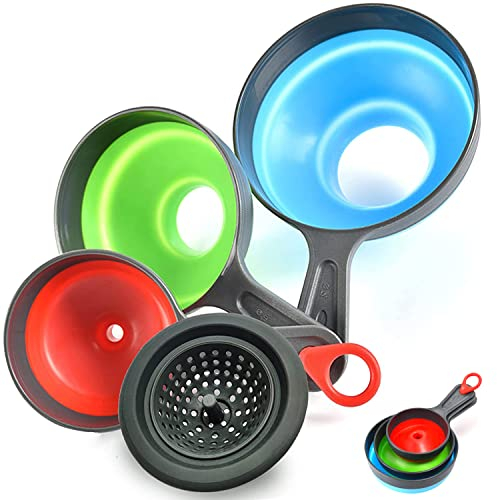 Set of 4 Collapsible Silicone Funnels for Filling Bottles or Containers - Wide Mouth, Ideal for Kitchen, Garage and Garden