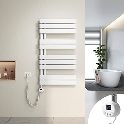 Heilmetz Scaldasalviette Elettrico Bagno 899x500mm 400W, Termoarredo Elettrico Bagno con Barra riscaldante termostato，con Funzione di temporizzazione（Bianco）