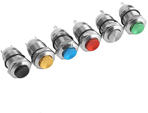 6 Stück Momentary Push Button Taster 12 V, Taster Schalter 12 Mm IP67 Wasserdicht Reset Metallknopf ohne Licht 2 A/250 VAC Blau, Grün, Schwarz, Rot, Gelb, Metallic
