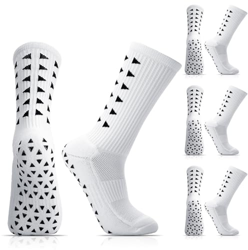 Zuimei 3 Pairs Football Grip Socks for Men Anti-slip Sports Socks with Rubber Tape Football Grippy Sock for Soccer Basketball Running Yoga Hiking, White Black