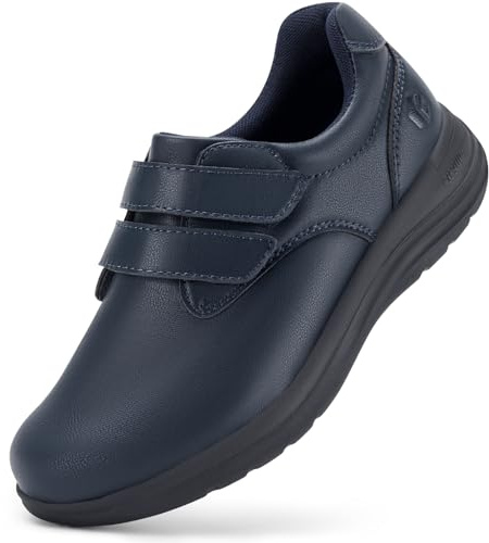 FitVille Womens Wide Fit Leather Shoes Lightweight Arch Support Diabetic Shoes Ladies Loafers with Adjustable Straps for Swollen Feet