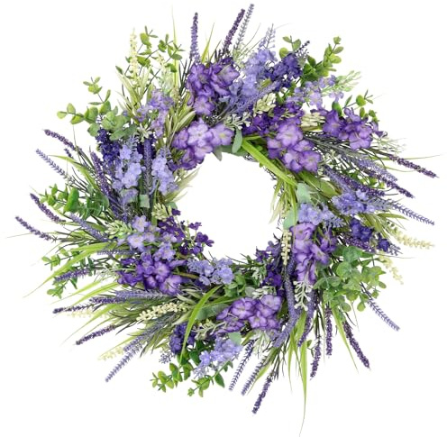 Briful Purple Spring Wreath for Front Door, 17.7'' Realistic Lavender Wildflowers Artificial Wreaths, Summer Holidays Decor, Farmhouse Home Wall Mantle Decorations
