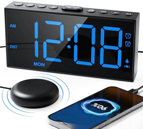 Roxicosly Alarm Clocks for Heavy Sleepers with Powerful Bed Shaker, 5-Level Loud Vibrating Dual Alarm Clock for Deaf, Hearing Impaired, 5 Dimmers, 5 Volumes, Big Snooze, USB Charger, Week Display