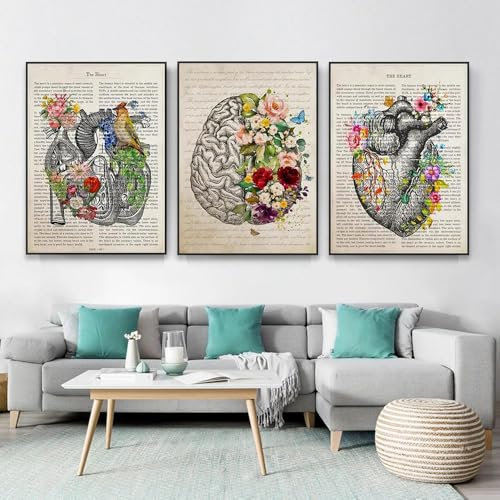 Yocheng Stampa di fiori di anatomia del cuore Poster medico Arte del cervello Fiore di anatomia su tela Pittura Scuola di medicina Arte della parete Decorazione dell'ospedale 60x80cmx3 Senza Cornice