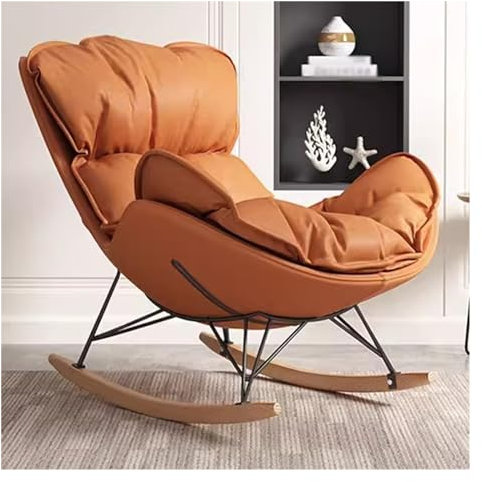 ZXFDMSWJ Akzent-Schaukelstuhl, Stoff-Schaukelstuhl aus der Mitte des Jahrhunderts, mit Holzbeinen, moderner Schaukelstuhl, Akzent-Sofa-Sessel, Lounge-Sessel mit dickem Kissen (Orange)