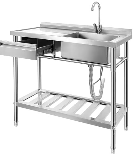 Trintion Freistehende Edelstahl Spültisch, 1 Becken mit Linke Schublade, Gewerbliche Spülbecken mit Wasserhahn, Kalt und Warmwasserschläuchen,für Waschküche,Bauernhaus, Innen- und Außenspüle (47 Zoll)
