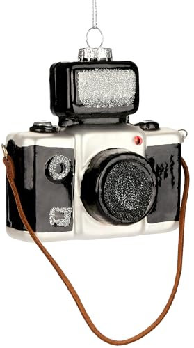 BRUBAKER Camera - Pallina di Natale in Vetro Dipinto a Mano - Bauble per Albero da 10 cm per Fotografi - Glitter Nero - Decorazione di Natale Soffiata a Bocca - Figurina Ciondolante Divertente