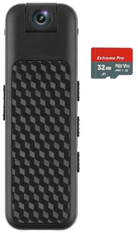 Ieron Caméra de Vision Nocturne Infrarouge avec Carte TF de 32 Go Mini caméras corporelles FHD 1080P avec vidéo Objectif Rotatif à 180 ° Stockage en Boucle Caméra corporelle portée pour réunion