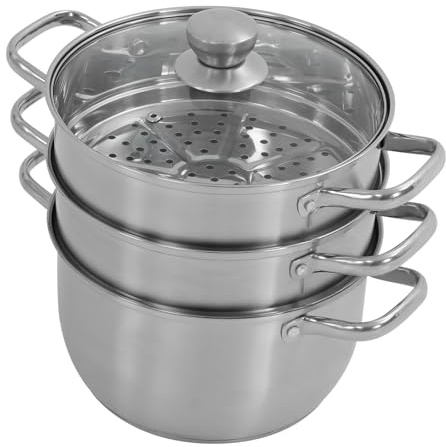 Olla de acero inoxidable, olla con inserto de vapor, acero inoxidable, 3 pisos, 24 cm, para cocina de inducción, cocina de gas y cocina eléctrica, capacidad de 1,2 litros para verduras, pescado y sopa