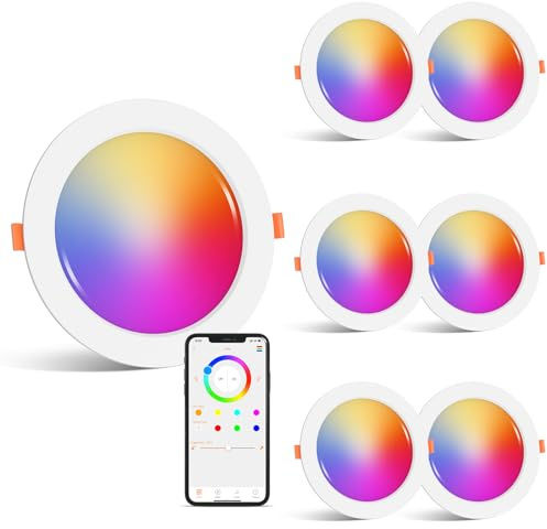 Smart LED Einbaustrahler Flach 12W LED Spots 230V, IP44 Bad Einbauleuchten 98mm Kompatibel mit Alexa, Warmweiß & RGB Bluetooth Deckenspots Farbwechsel für Wohnzimmer Schlafzimmer Küche, 6er Set