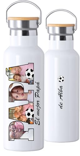 Botella PAPA de Agua Térmica Personalizada con Fotos, 500ml, Diseño Fútbol, Tapa de Bambú, Regalo para Papá, botella de acero inoxidable, regalo dia del padre. (FUTBOL)