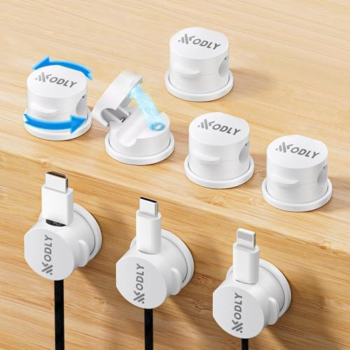ODLY Cable Clips Organizer 8 Pack - 360° Rotating Base Magnetic Cable Holders with No-Residue Adhesive - Cord Management for Desk, Car, Nightstand, USB, HDMI, Charger (White Round Magnetic)
