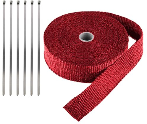 LKRXW Bande Thermique Échappement Fibre de Verre Ruban Collecteur d'échappement de Moto Tuyeau Isolant Thermique Protection Voiture Isolante Rouge 2,5CM X 10M avec 6 Attaches