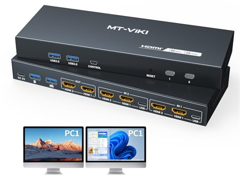MT-VIKI 8K@60Hz HDMI KVM Switch 2 Monitors 2 Computers, 4K@144Hz Dual KVM Switch HDMI with 4 USB 3.0 Port, EDID, 2 USB Cables and Desktop-controller Included