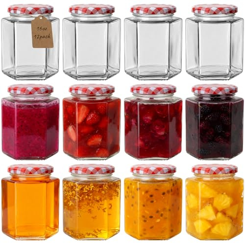 HYCKee 12-Pack 450ml Hexagon Glass Jam Jars with Airtight Lids – Wide Mouth, Leakproof Storage Jars for Homemade Preserves, Pickles, Candles & Crafts